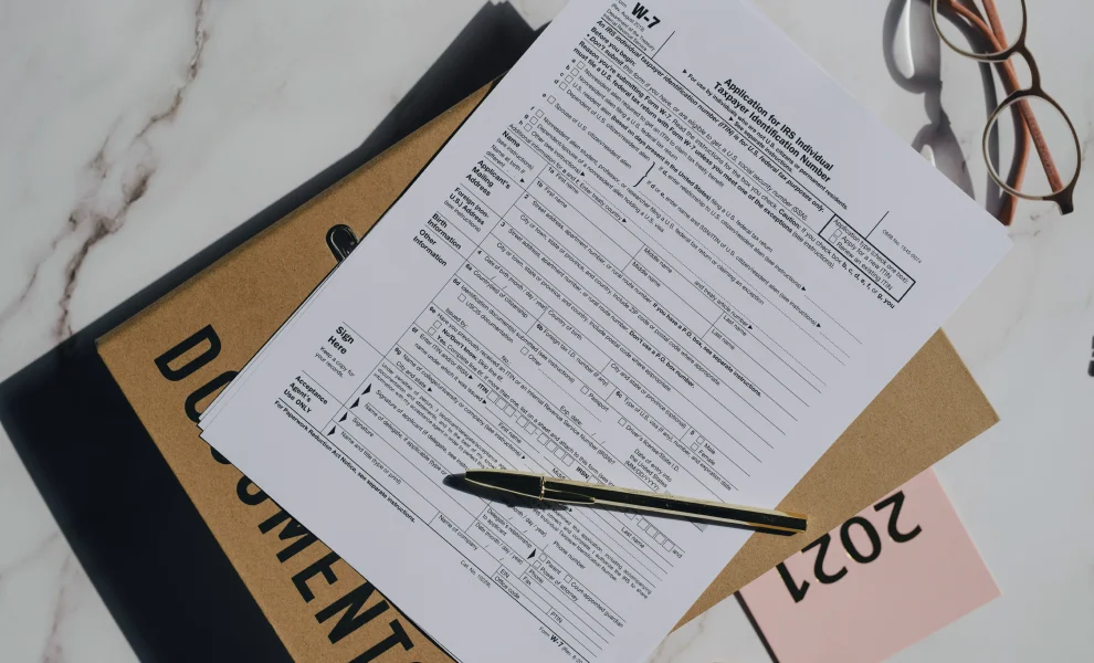 Illustration of tax forms and documents for sales tax compliance services